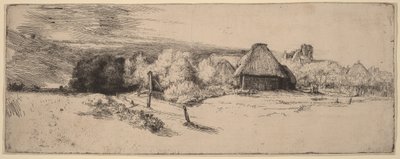 Landskab med træer, landbrugsbygninger og et tårn af Rembrandt van Rijn