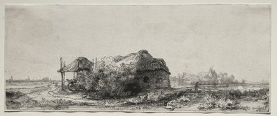 Landskab med hytte og hølade: Aflangt af Rembrandt van Rijn