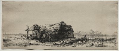 Landskab med hytte og hølade: Aflang, 1641. af Rembrandt van Rijn