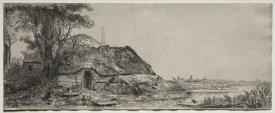 Landskab med et sommerhus og et stort træ af Rembrandt van Rijn