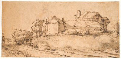 Landskab med et bondehus og en hølade af Rembrandt van Rijn