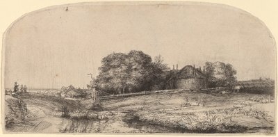 Landskab med en hølade og en flok får af Rembrandt van Rijn