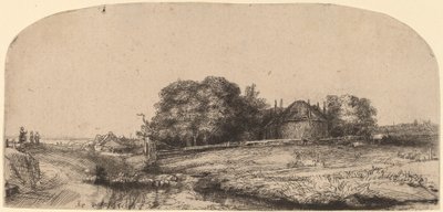 Landskab med en hølade og en flok får af Rembrandt van Rijn