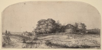 Landskab med en høstak og en flok får af Rembrandt van Rijn
