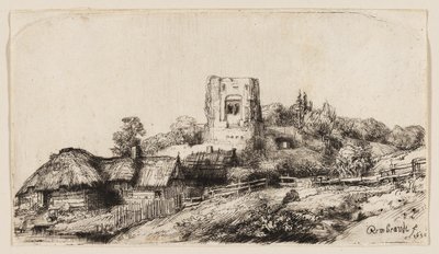 Landskab med et firkantet tårn af Rembrandt van Rijn