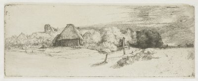 Landskab med en landbrugsbygning og »huset med tårnet« af Rembrandt van Rijn