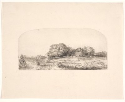 Landskab med en høstak og en flok får af Rembrandt van Rijn