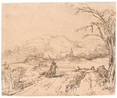 Landskab med en jæger og hunde af Rembrandt van Rijn