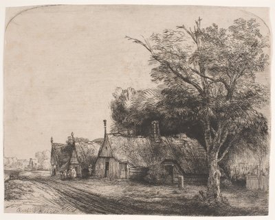 Landskab med tre gavlhuse ved siden af en vej af Rembrandt van Rijn