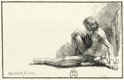 Mand nøgen, sidder på gulvet af Rembrandt van Rijn