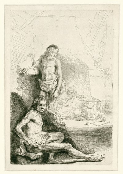 Mandlig nøgenfigur, siddende og stående af Rembrandt van Rijn