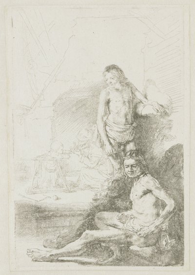Mandlig nøgenfigur, siddende og stående af Rembrandt van Rijn