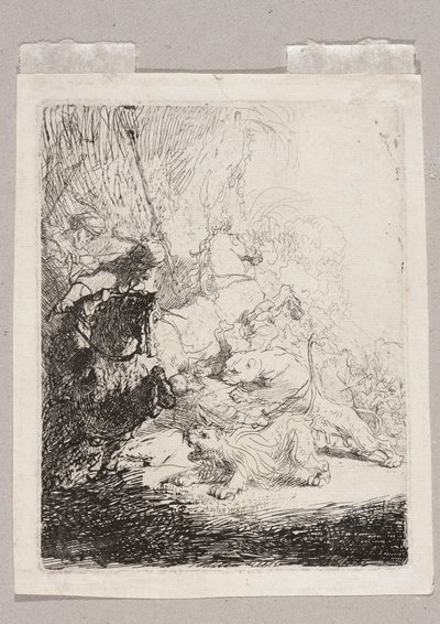 En lille løvejagt (med to løver) af Rembrandt van Rijn