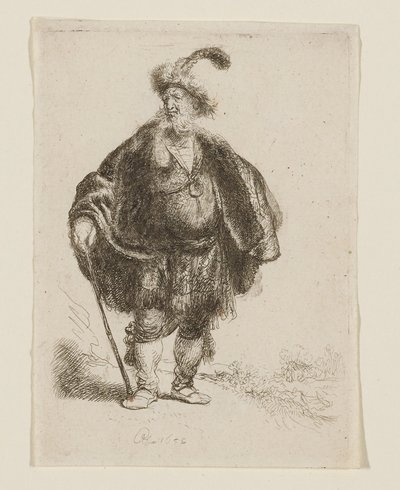 Stående mand i orientalsk dragt og pelshue med fjer af Rembrandt van Rijn