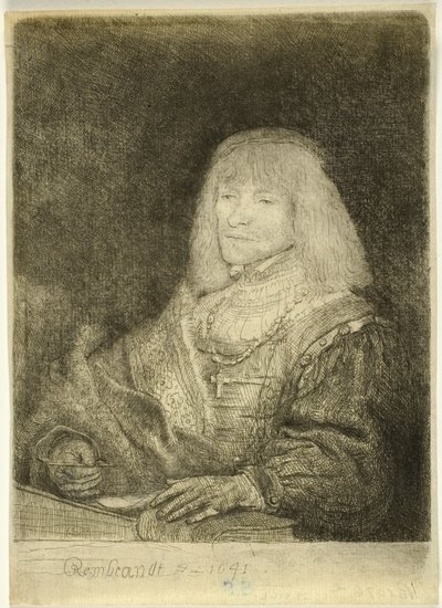 Mand ved et skrivebord iført kors og kæde af Rembrandt van Rijn
