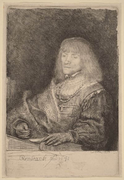 En mand ved et skrivebord iført et kors og en kæde af Rembrandt van Rijn