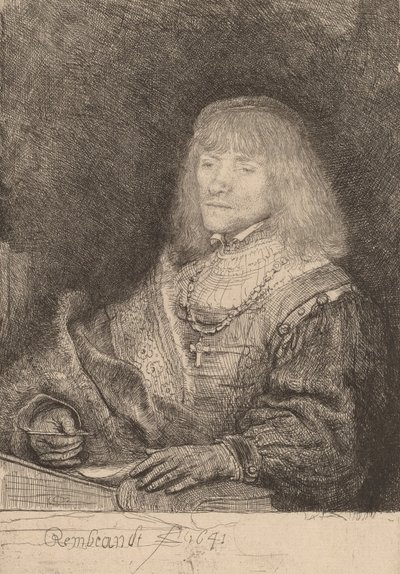 Mand ved et skrivebord iført kors og kæde, 1641. af Rembrandt van Rijn
