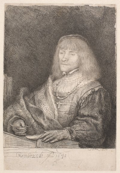 Mand ved et skrivebord, iført et kors og en kæde af Rembrandt van Rijn