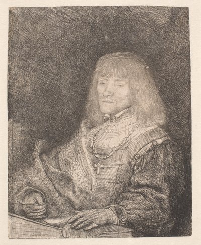 Mand ved et skrivebord, iført et kors og en kæde af Rembrandt van Rijn