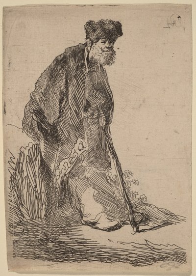 En mand i frakke og pelshue, der læner sig op ad en bænk af Rembrandt van Rijn