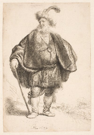 Mand iført orientalsk dragt og en pelshue med fjer af Rembrandt van Rijn