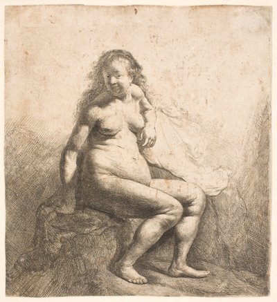 Nøgen kvinde siddende på en høj af Rembrandt van Rijn
