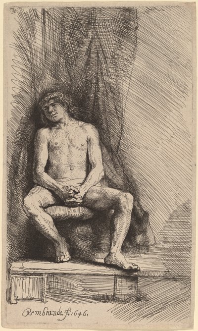 Nøgen mand siddende foran et gardin af Rembrandt van Rijn