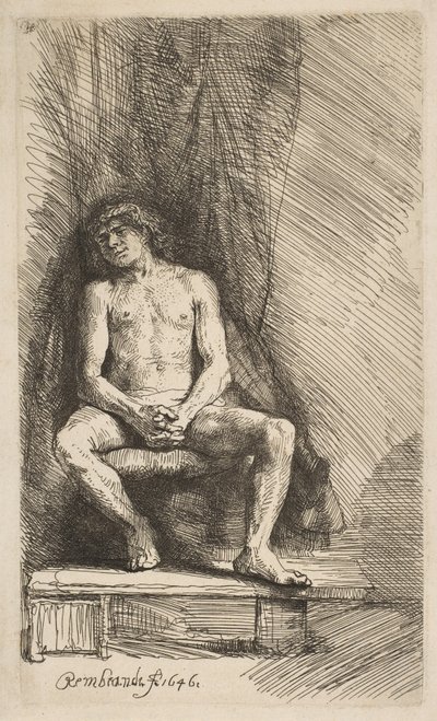 Nøgen mand siddende foran et gardin, 1646. af Rembrandt van Rijn