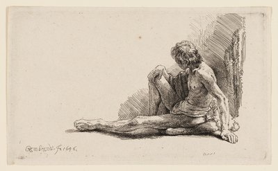 Nøgen mand siddende på jorden med et ben forlænget af Rembrandt van Rijn