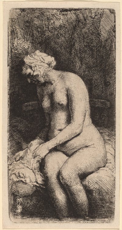 Nøgen siddende på en bænk med en pude (kvinde bader sine fødder ved en bæk) af Rembrandt van Rijn