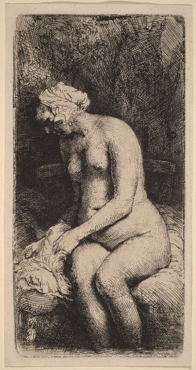 Nøgen kvinde siddende på en bænk med en pude (Kvinde, der vasker sine fødder ved en bæk) af Rembrandt van Rijn