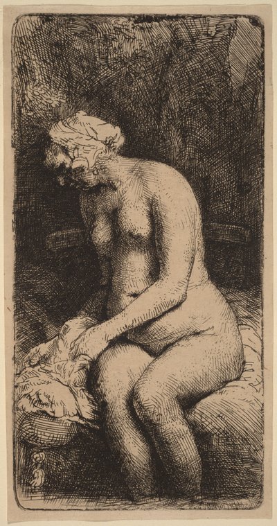 Nøgen kvinde siddende på en bænk med en pude (Kvinde, der vasker sine fødder ved en bæk) af Rembrandt van Rijn