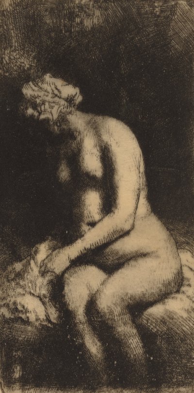 Nøgen siddende på en bænk med en pude kvinde, der bader sine fødder ved en bæk, 1658. af Rembrandt van Rijn