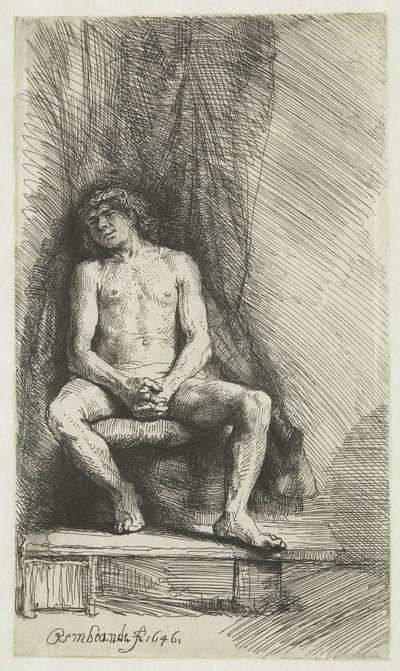 Nøgen ung mand, siddende foran et gardin Nøgen mand siddende foran et gardin af Rembrandt van Rijn