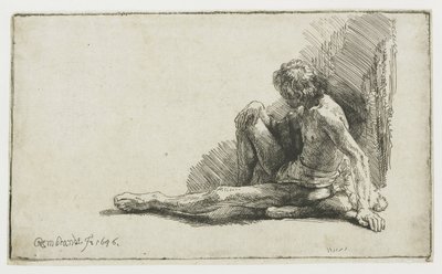 Nøgen mand siddende på jorden med det ene ben strakt af Rembrandt van Rijn