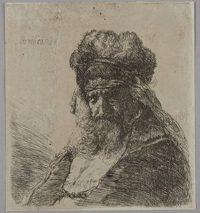 Gammel, skægget mand med høj pelshue og lukkede øjne af Rembrandt van Rijn