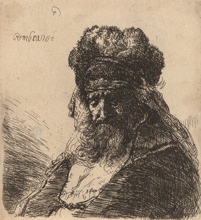 Gammel skægget mand i en høj pelshue, med lukkede øjne, ca. 1635. af Rembrandt van Rijn