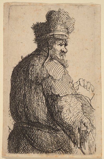 Gammel mand set bagfra, i profil mod højre af Rembrandt van Rijn