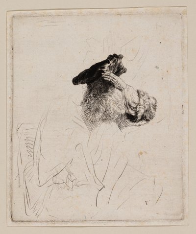 Gammel mand skygger for øjnene med sin hånd af Rembrandt van Rijn