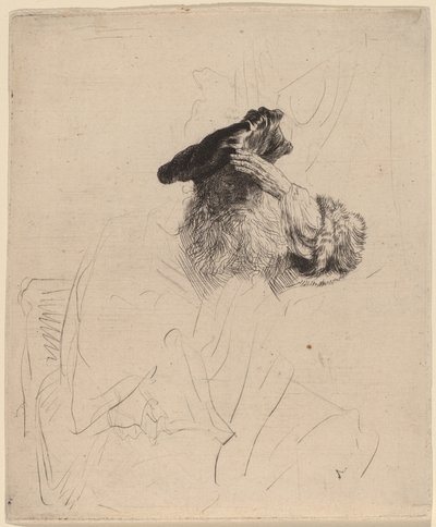 Gammel mand skygger for øjnene med sin hånd, ca. 1639. af Rembrandt van Rijn