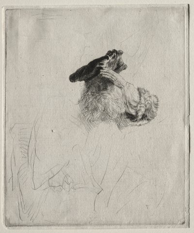 Gammel mand skygger for øjnene med sin hånd af Rembrandt van Rijn