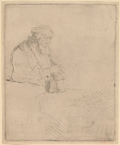 Gammel mand i meditation, læner sig op af en bog af Rembrandt van Rijn