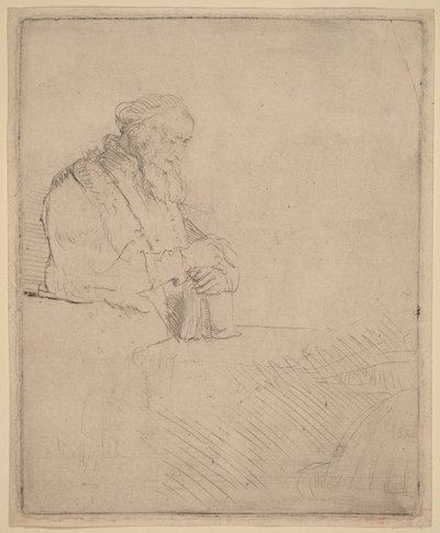 En gammel mand i meditation, der læner sig op ad en bog af Rembrandt van Rijn