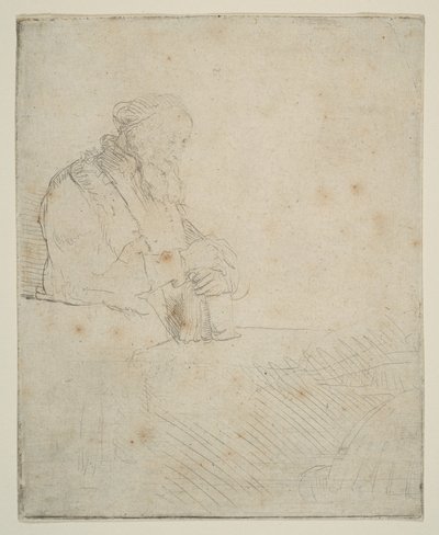 Gammel mand i meditation, lænet sig op ad en bog, ca. 1645. af Rembrandt van Rijn