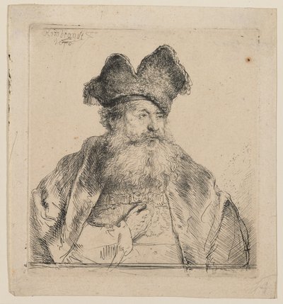 Gammel mand med en flækket pelshue af Rembrandt van Rijn