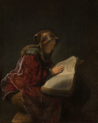 Gammel kvinde læser, sandsynligvis profetinden Anna En gammel kvinde læser, sandsynligvis profetinden Hannah af Rembrandt van Rijn