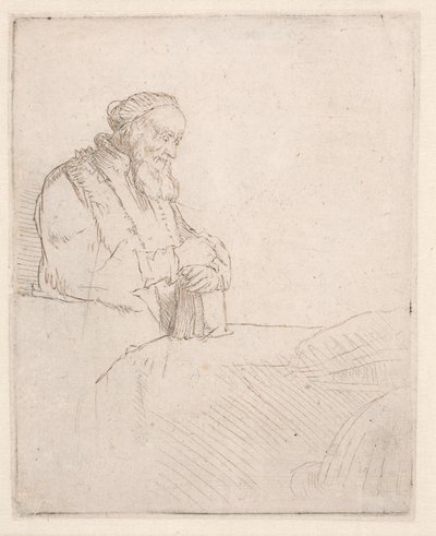 En ældre mand i meditation, der læner sig op ad en bog af Rembrandt van Rijn