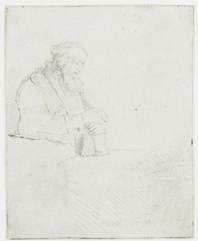 En ældre mand i meditation, der læner sig op ad en bog af Rembrandt van Rijn