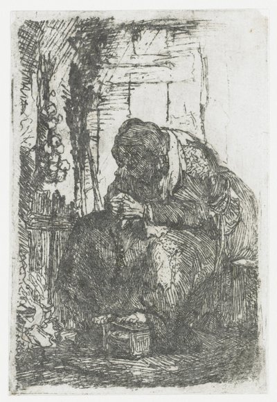 Gammel kvinde med løg, siddende i en hytte af Rembrandt van Rijn