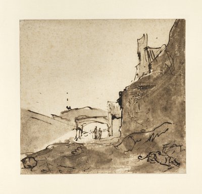 Udkanten af en by med mure og en port, ca. 1627-28 (tusch og vask på papir) af Rembrandt van Rijn